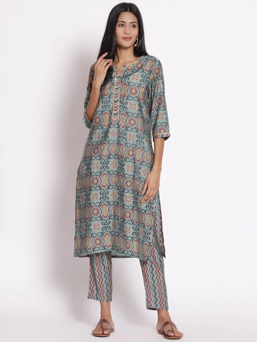 Women Sky Blue Ornamental Printed Kurta Trouser Dupatta