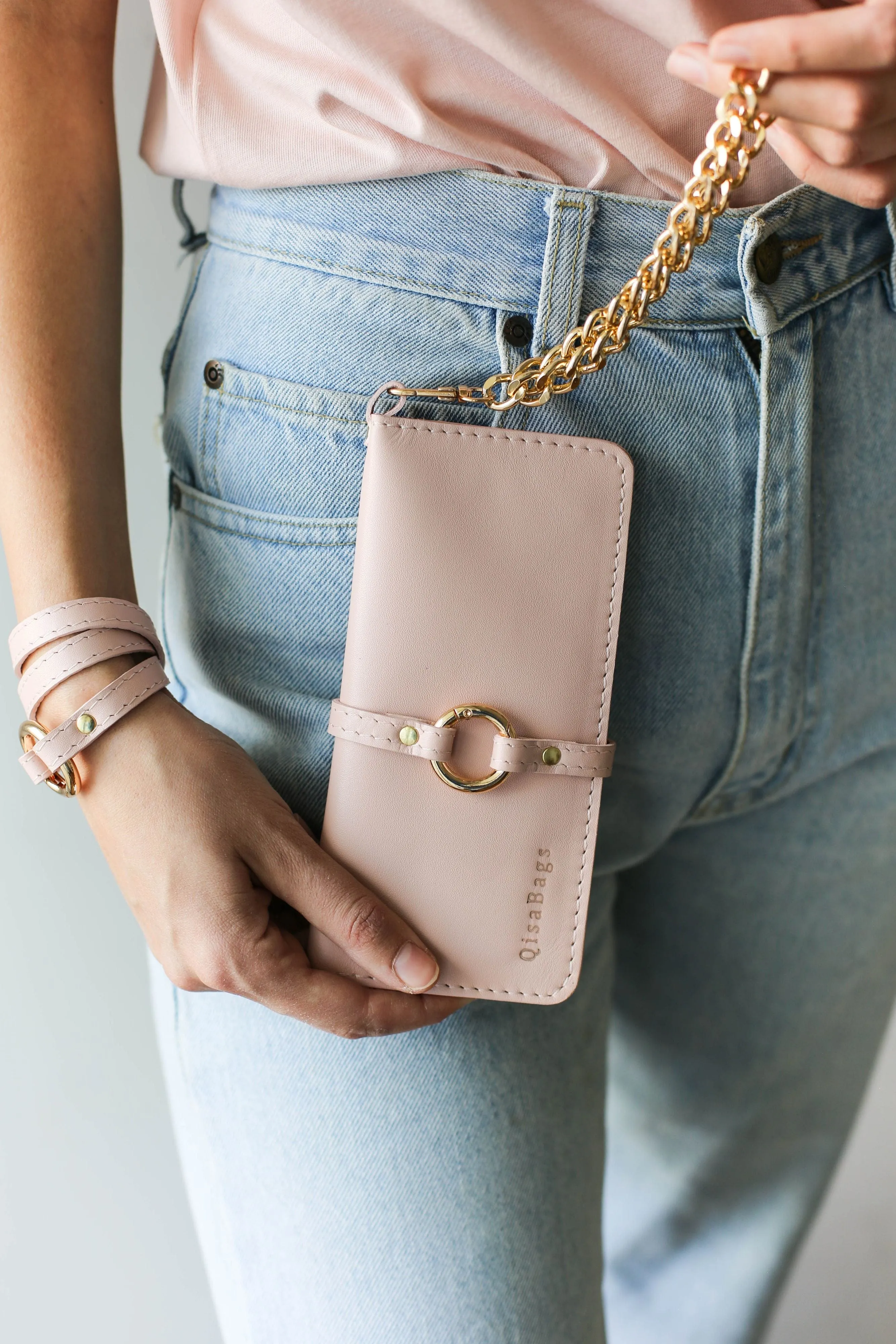 Women's Bifold Pink Leather Wallet - N01 - Ring Closure