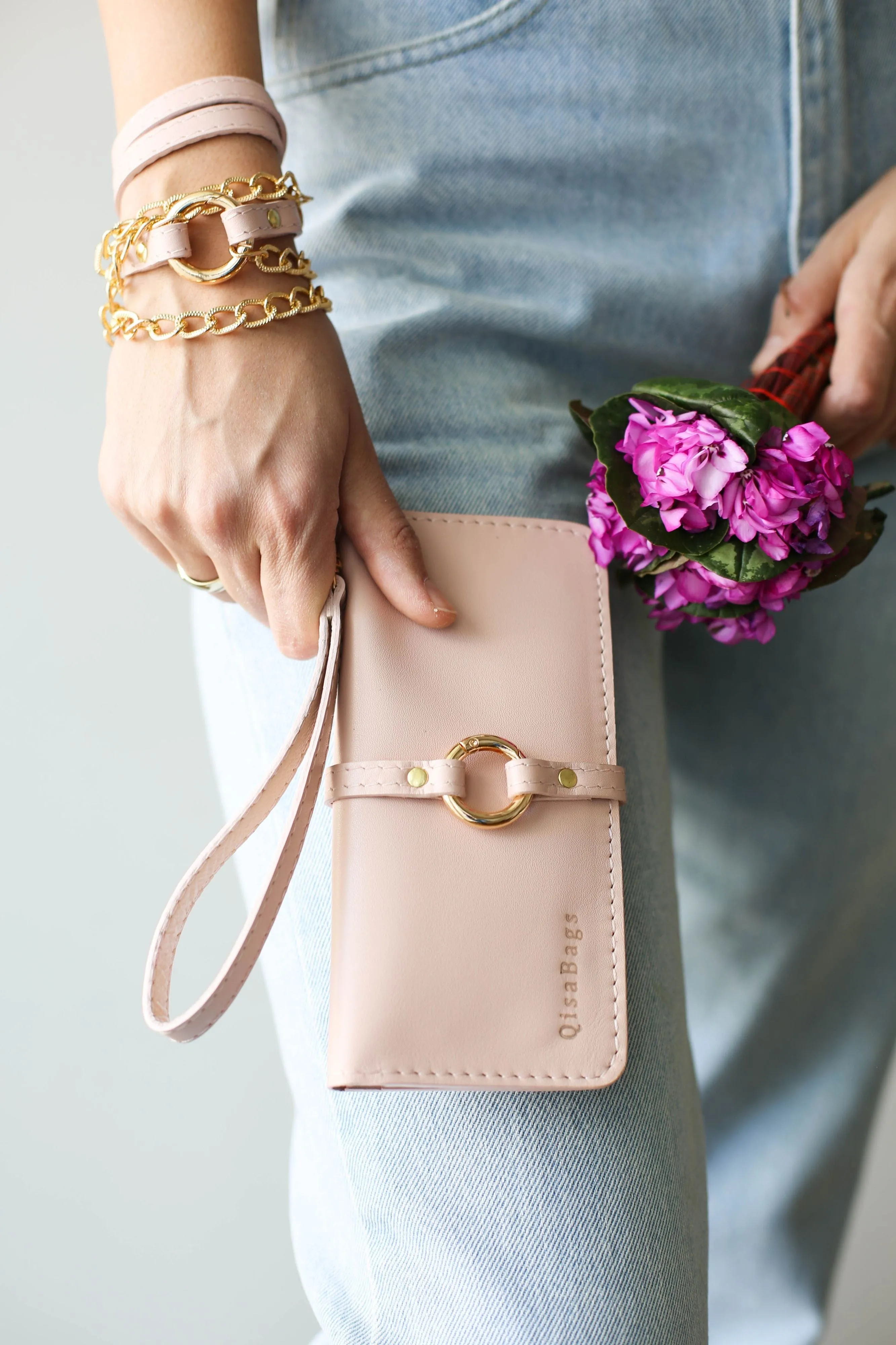 Women's Bifold Pink Leather Wallet - N01 - Ring Closure