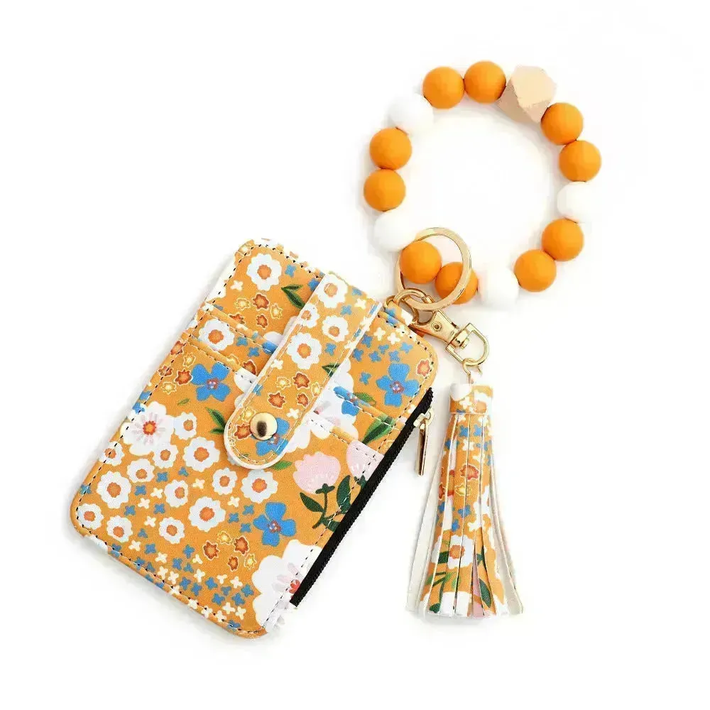 Women's Flora Print Tassel Leather Card Holder Wallet