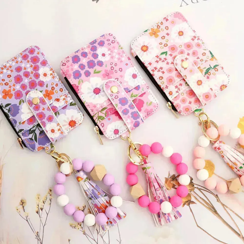 Women's Flora Print Tassel Leather Card Holder Wallet