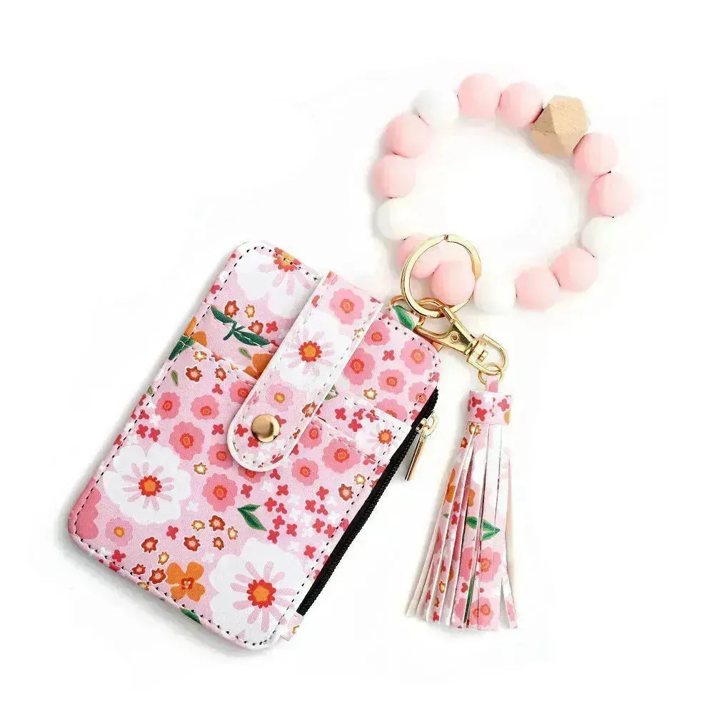 Women's Flora Print Tassel Leather Card Holder Wallet