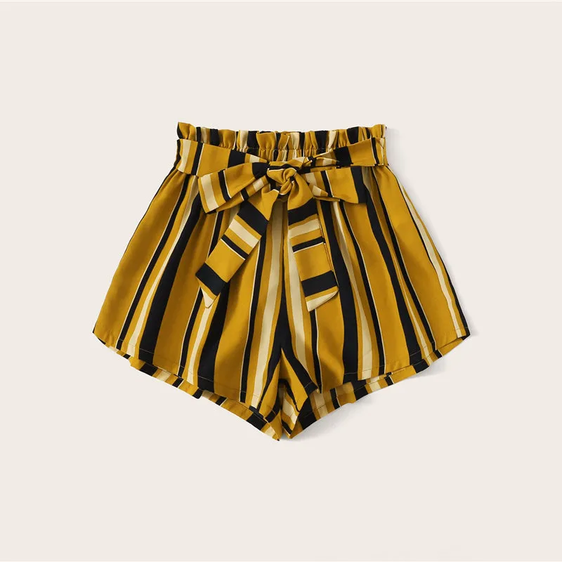Women's Summer Belted Elastic Striped High-Waist Shorts